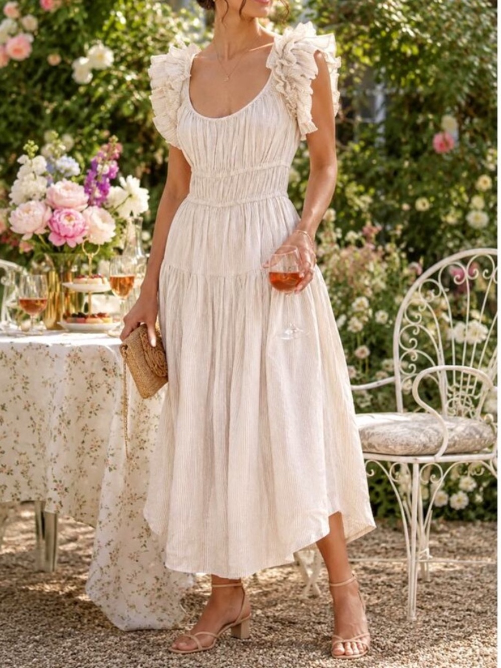 Ulla Johnson Rissa Linen Sand Stripe Ruffle Stretch Waist Pocket Dress - Picture 3 of 8